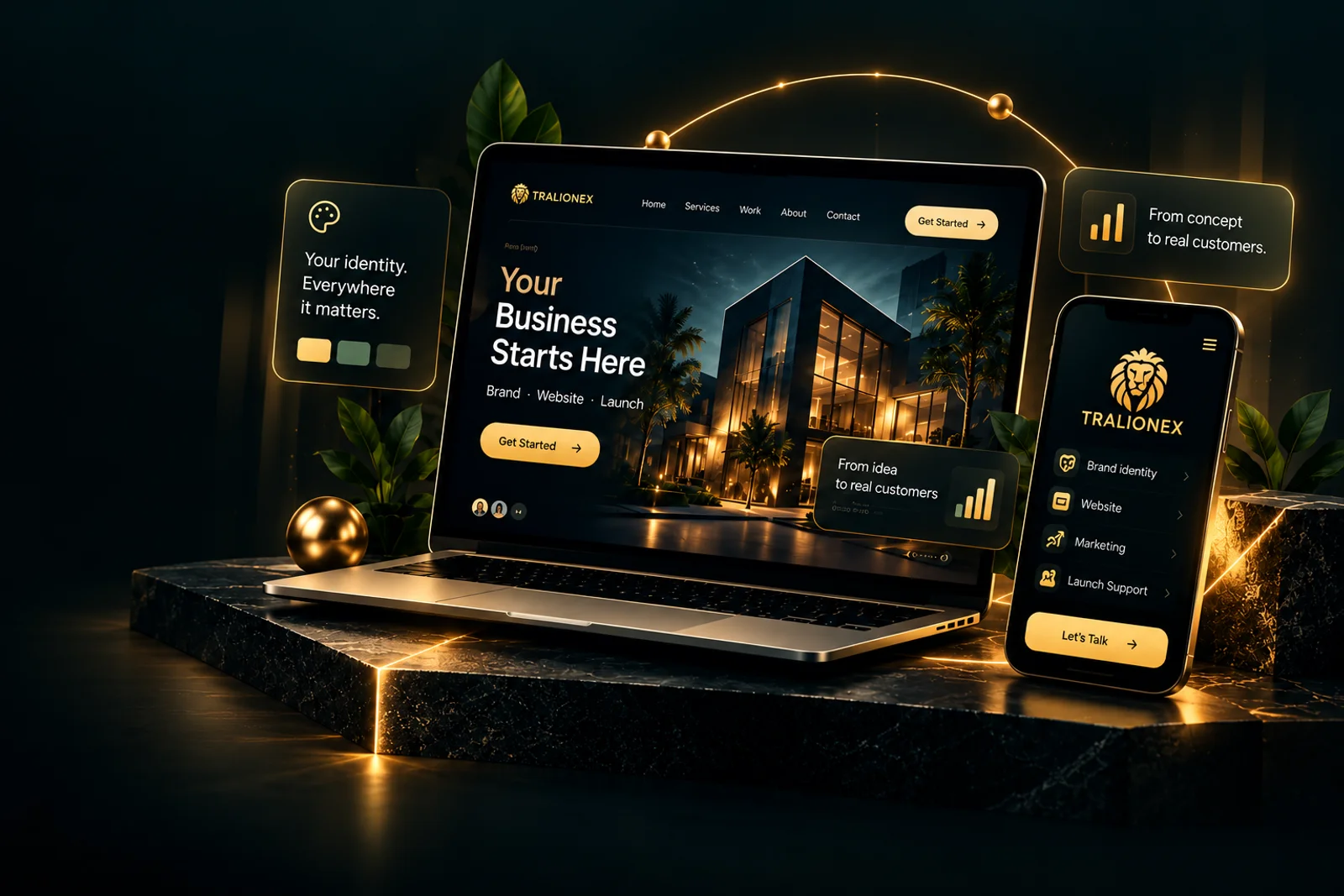 Tralionex brand and website concept presented on a laptop and phone with gold accents