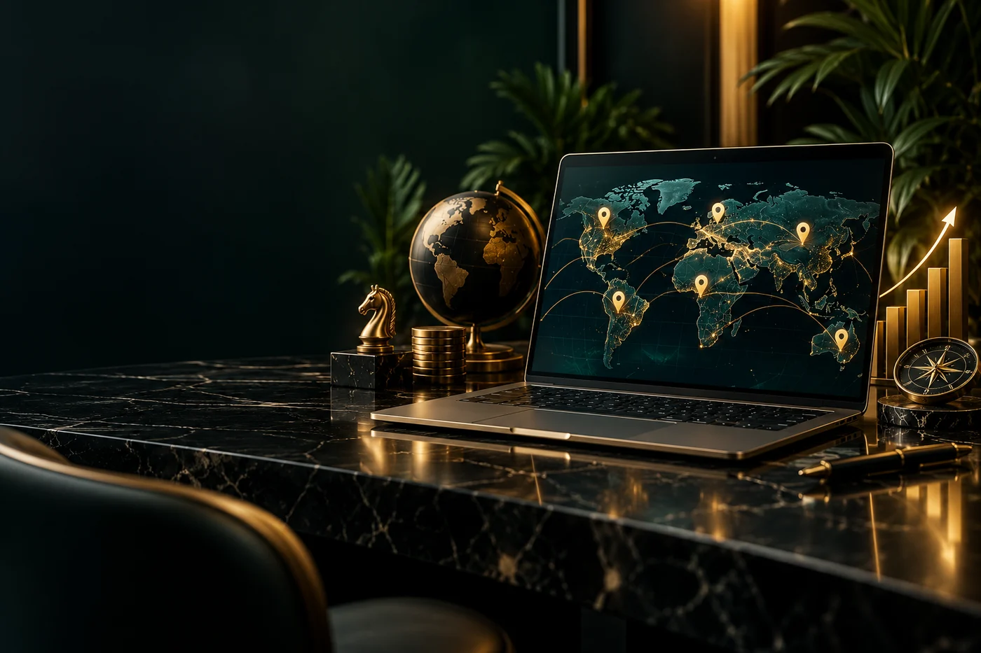 Laptop with market analytics and connected digital strategy symbols