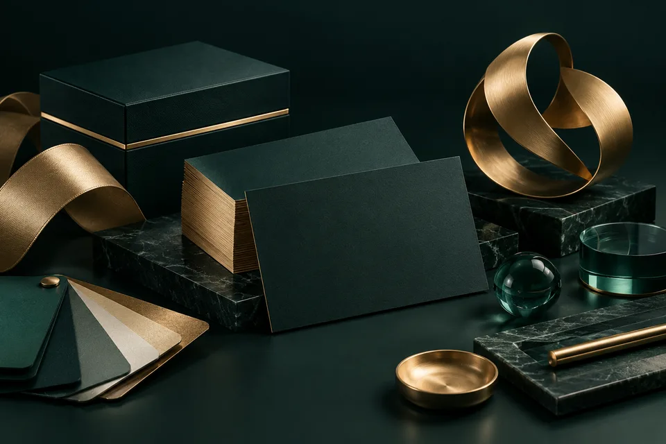 Conceptual brand illustration with layered digital objects in emerald and gold