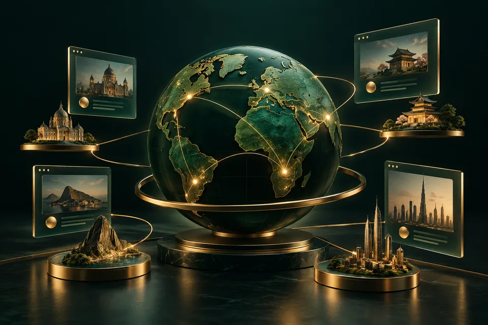 Concept illustration of markets services in emerald and gold