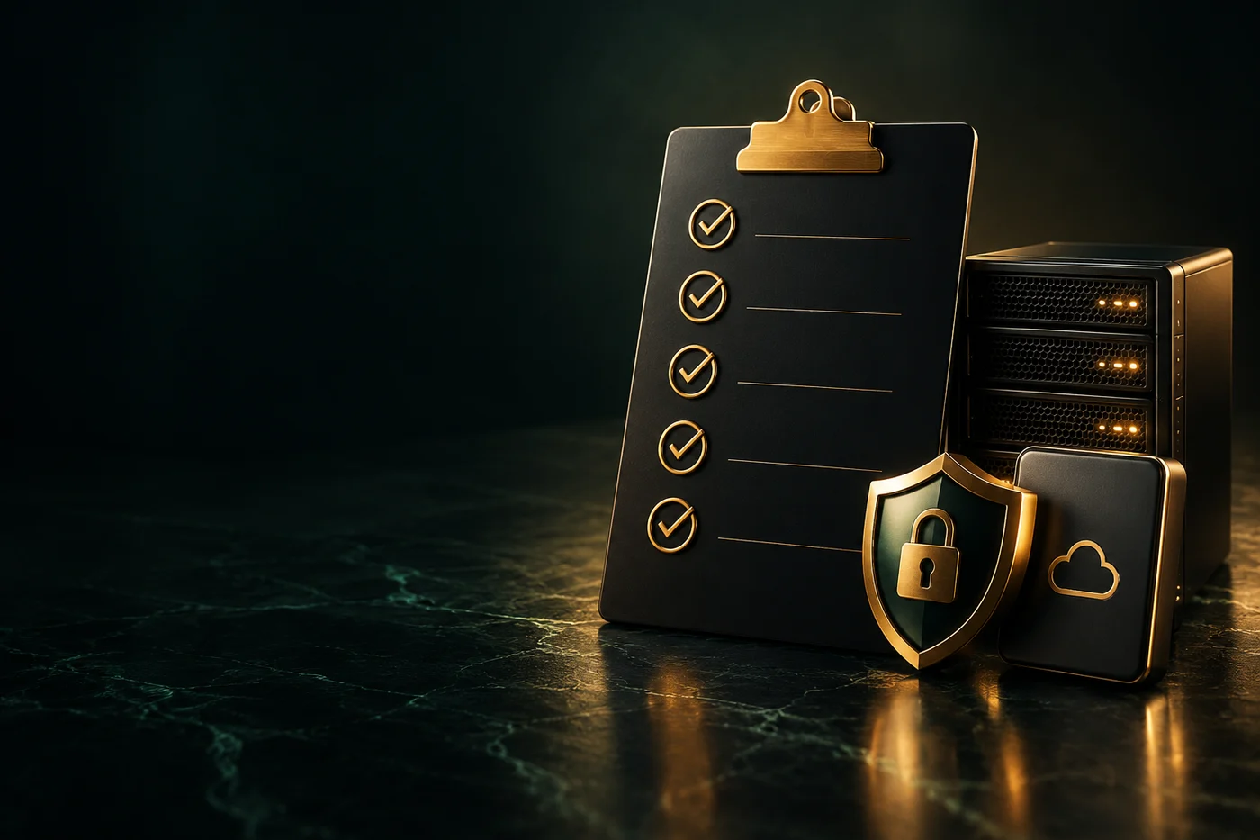 Gold migration checklist with a security shield and backup equipment