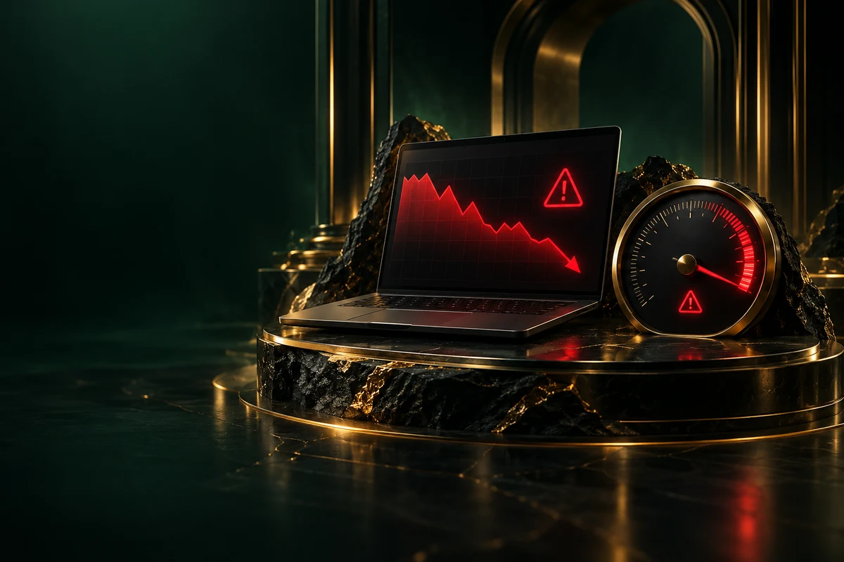 Website performance dashboard with a speed gauge and warning indicators