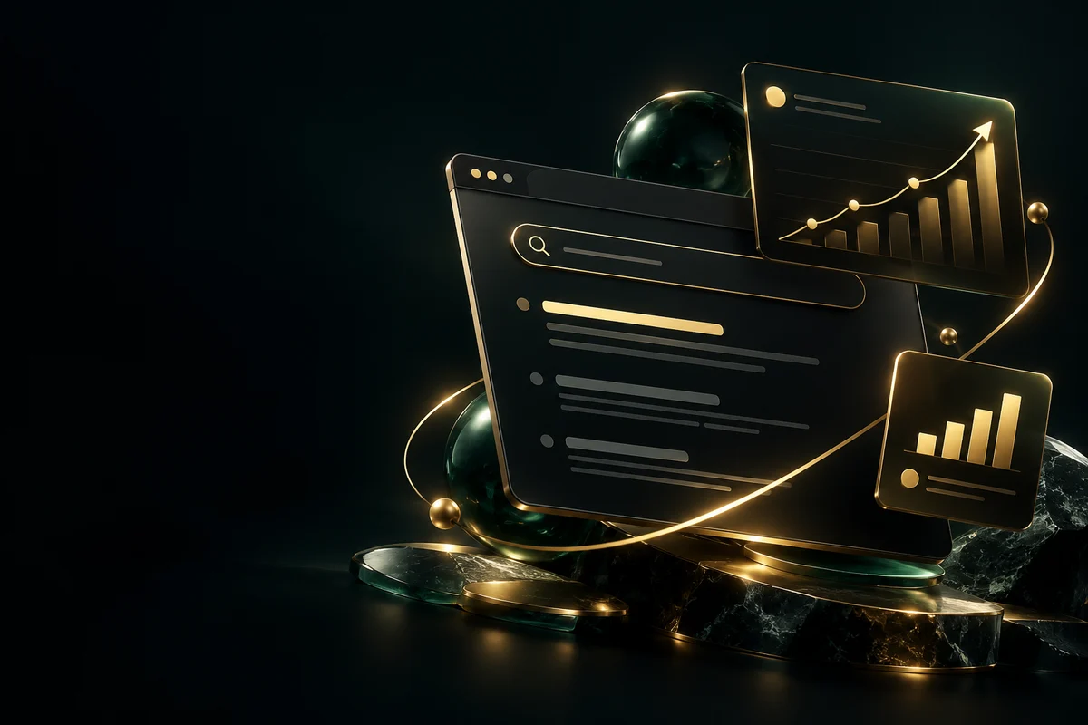 Search visibility and business growth concept in gold and dark emerald