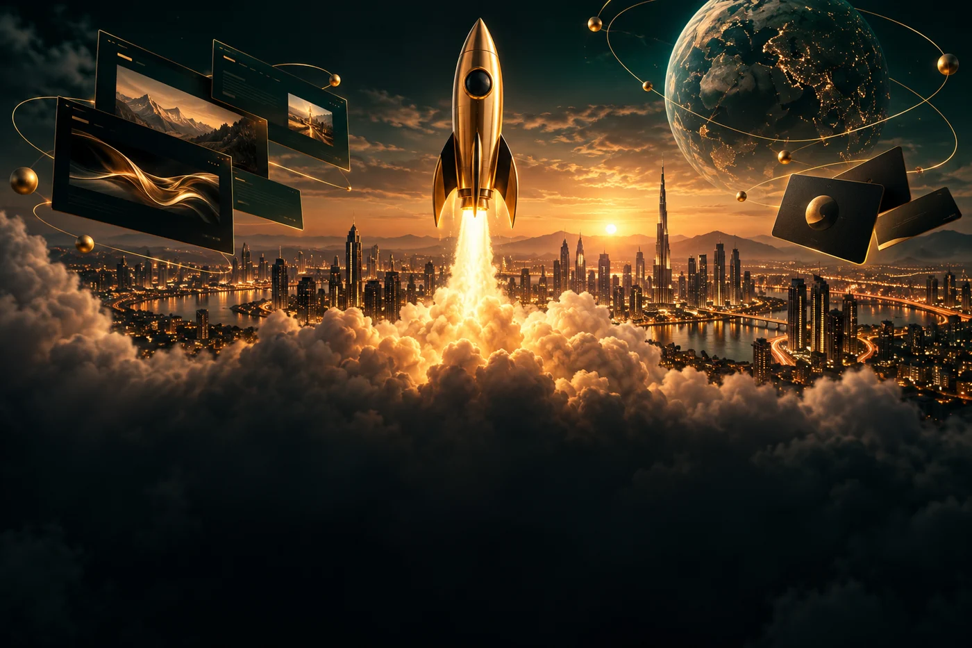 Gold rocket launching above a city with website and brand concepts