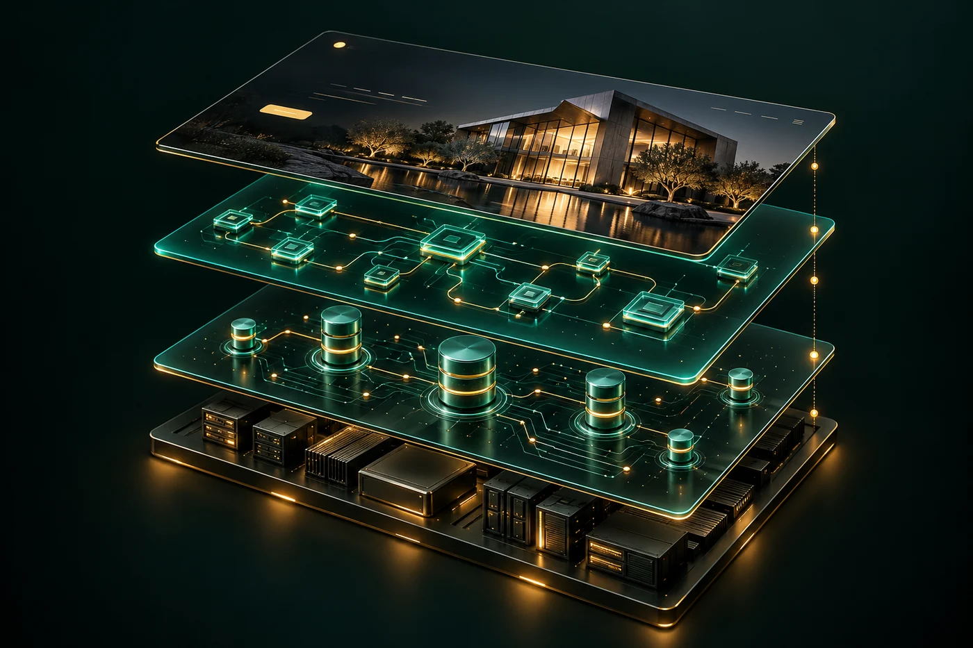 Exploded website architecture showing interface, API, data and infrastructure layers