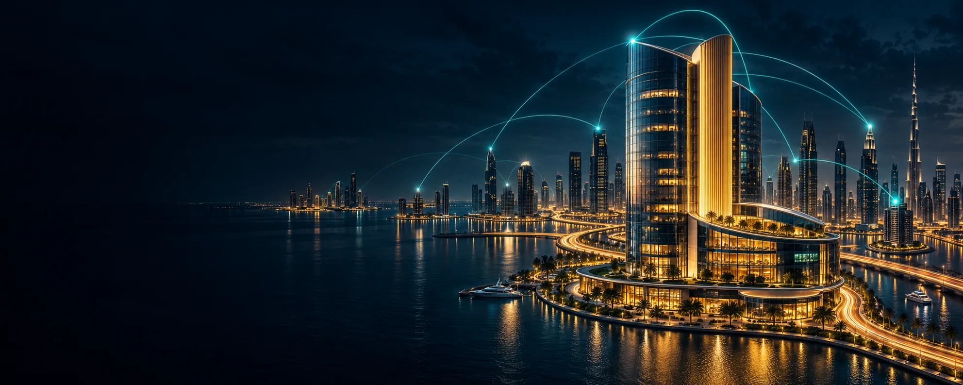 Connected buildings and a circular hub, illustrating coordinated business services