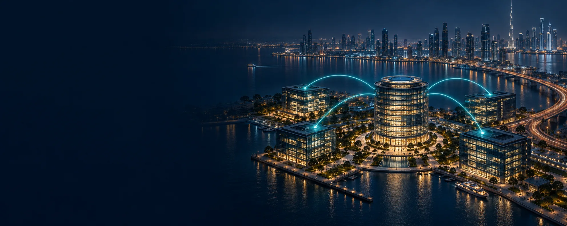 Illuminated tower linking a city network, illustrating one connected parent brand