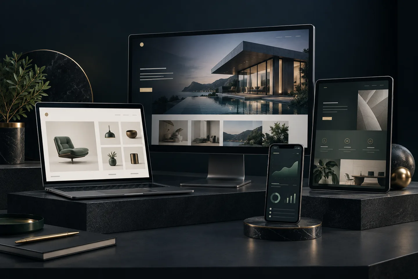 Illustration of coordinated business, ecommerce and portfolio website layouts across desktop, tablet and phone