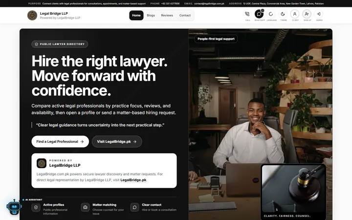 Legal Bridge — Lawyer hiring platform website homepage preview