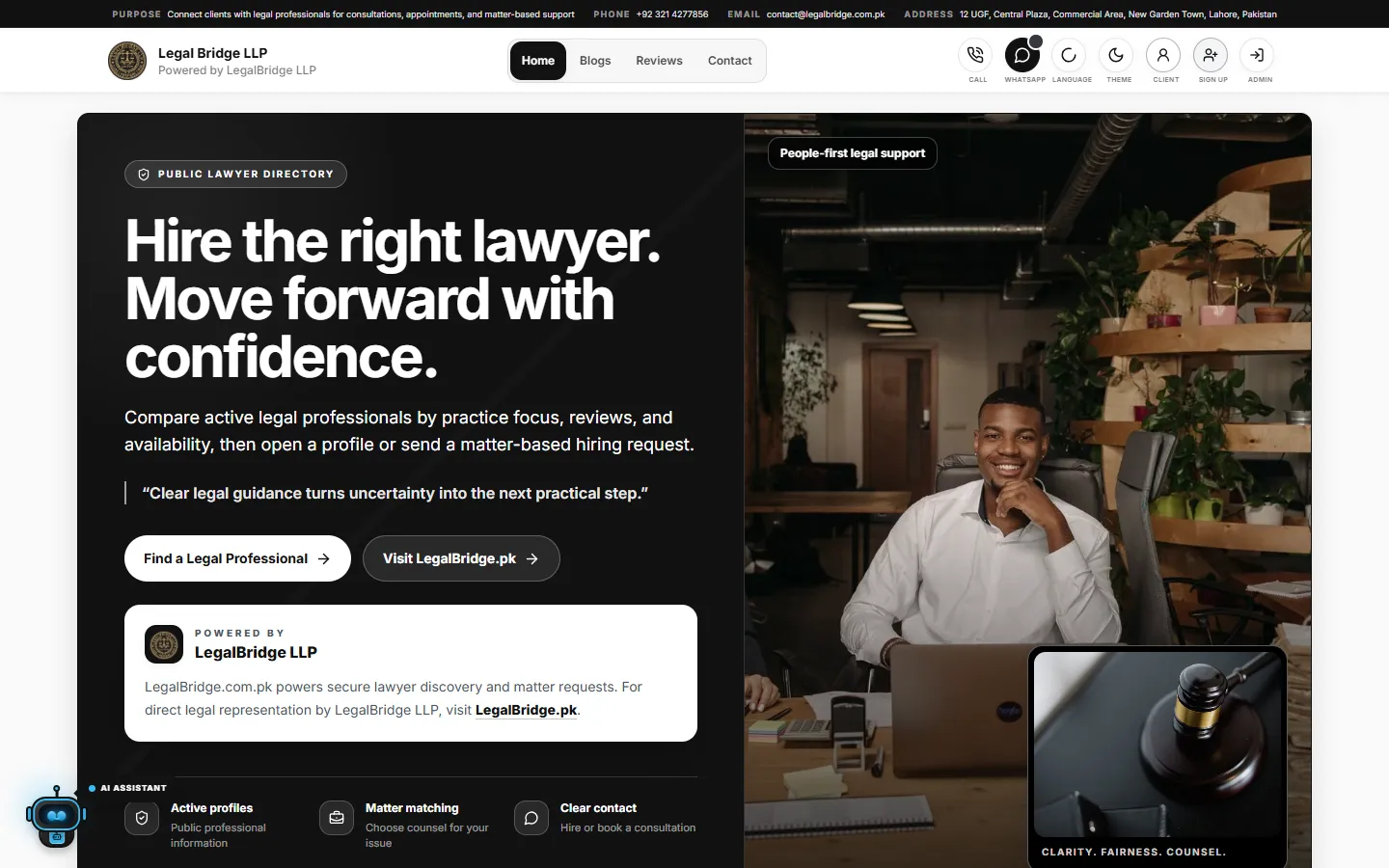 Legal Bridge — Lawyer hiring platform website homepage preview