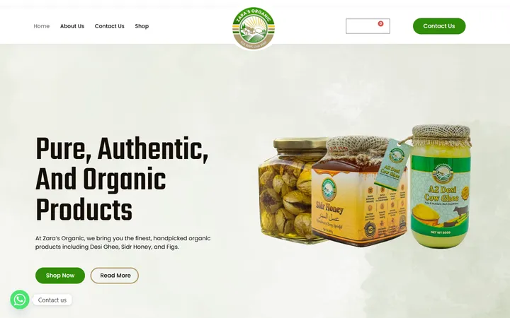 Zara's Organic website homepage preview