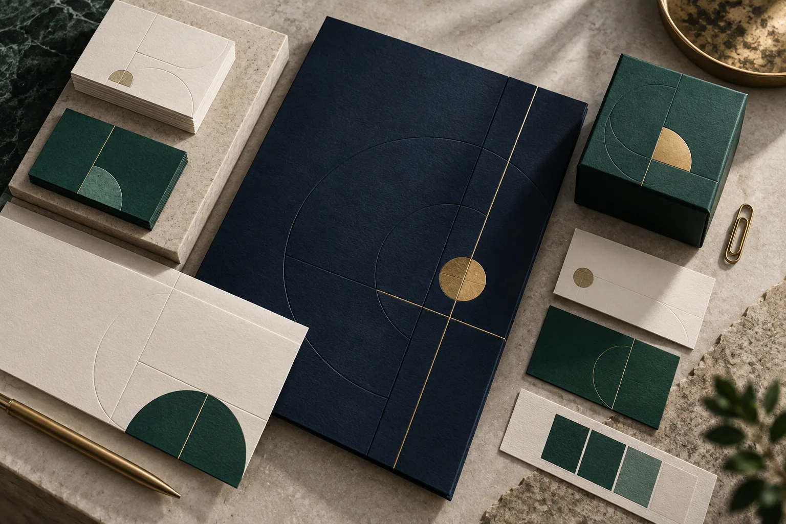 Coordinated stationery and packaging illustrating brand identity design