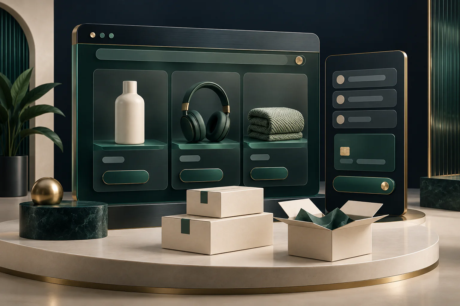 Product catalogue, checkout and packaging illustrating ecommerce development