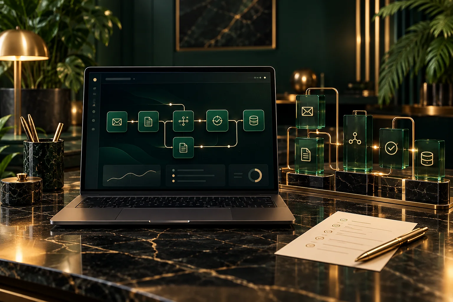 Connected workflow on a laptop with emerald glass automation modules and gold paths