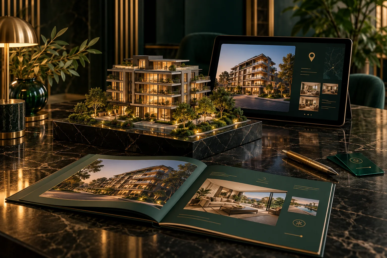 Residential scale model, project presentation tablet and property brochure on black marble