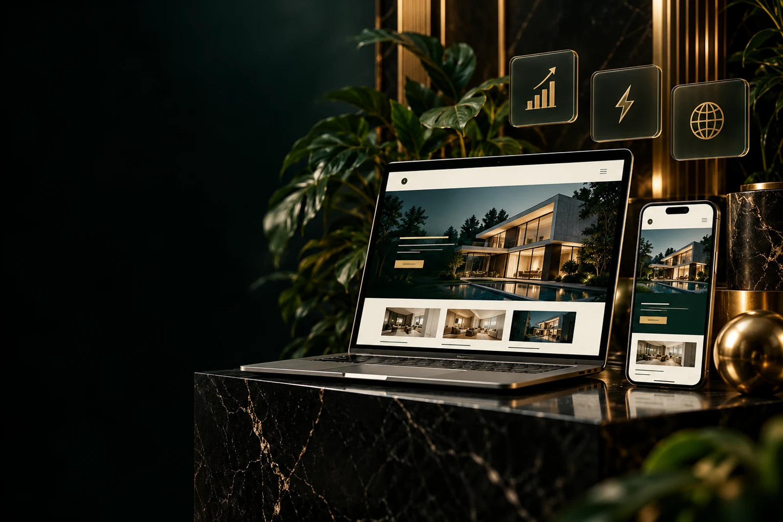 Responsive website on a laptop and phone in an emerald and gold marble workspace