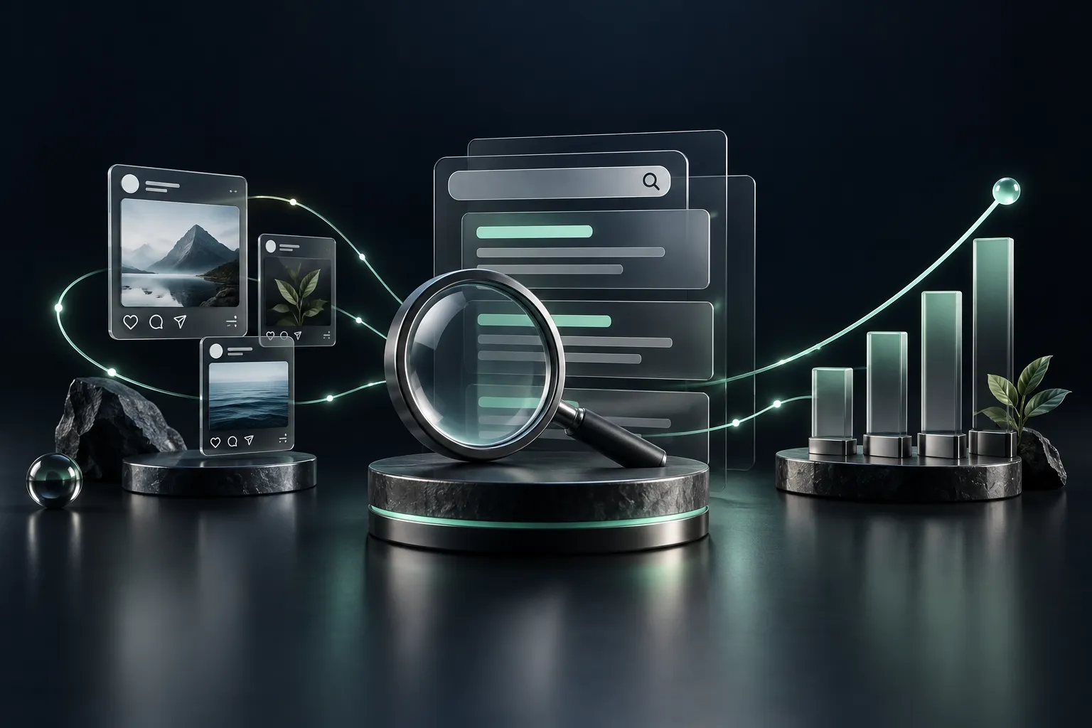 Search and social content connected to an abstract growth sculpture