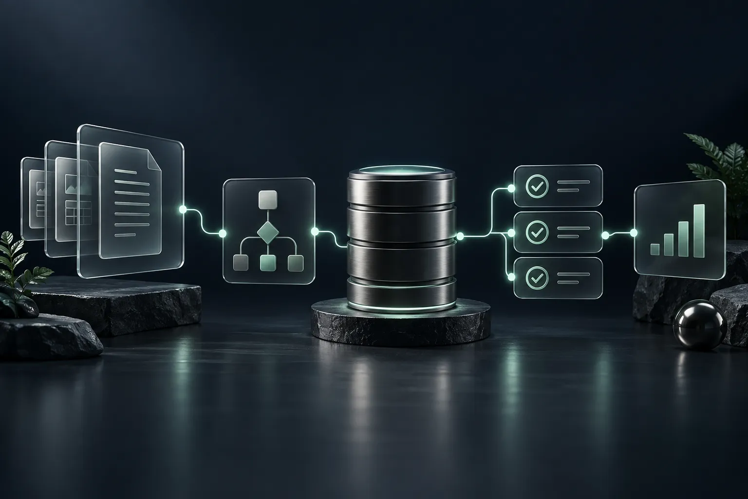 Connected dashboard panels and workflow nodes illustrating business operations