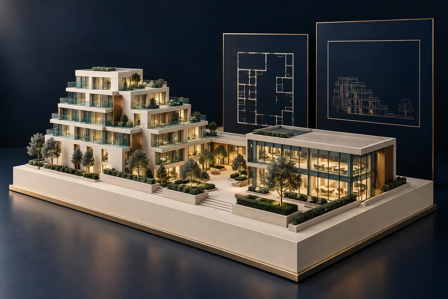 Architectural model and presentation materials illustrating property marketing