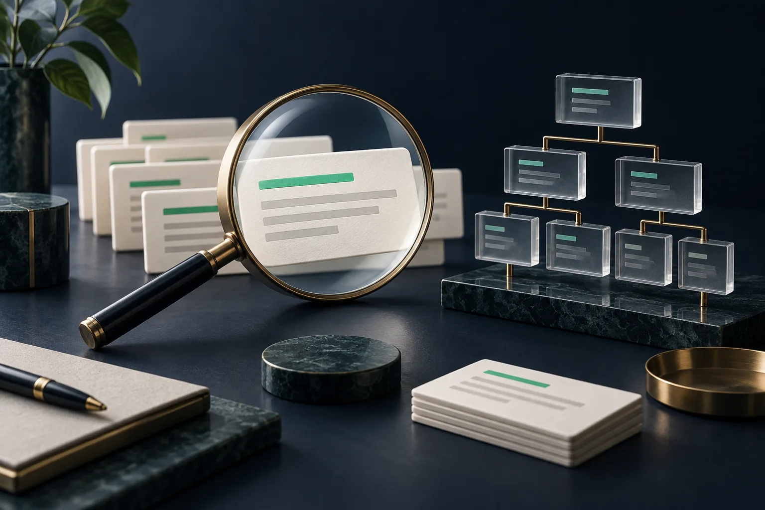 Search result cards and a magnifying lens illustrating SEO planning