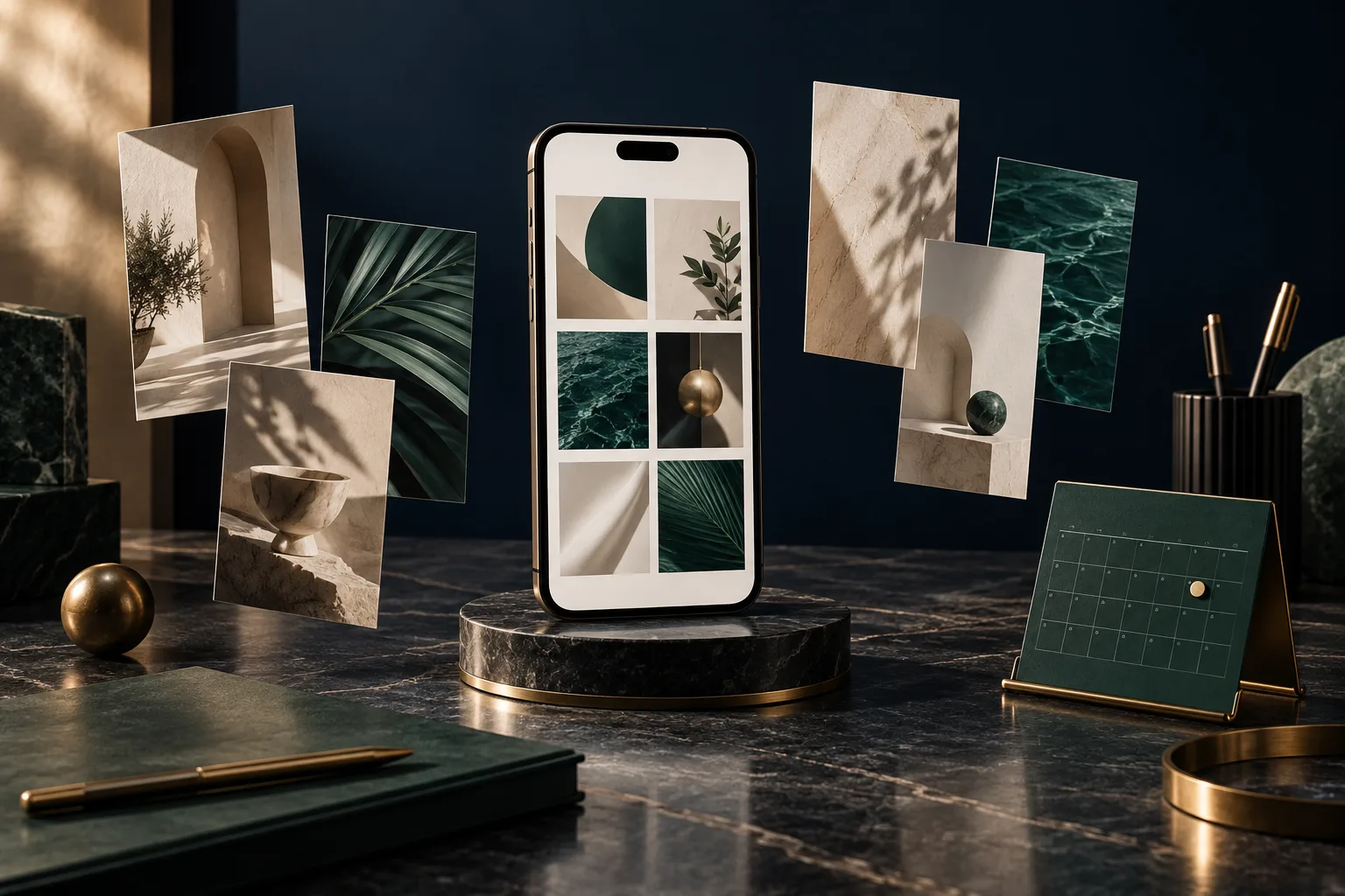 Editorial campaign content and a smartphone illustrating social media planning