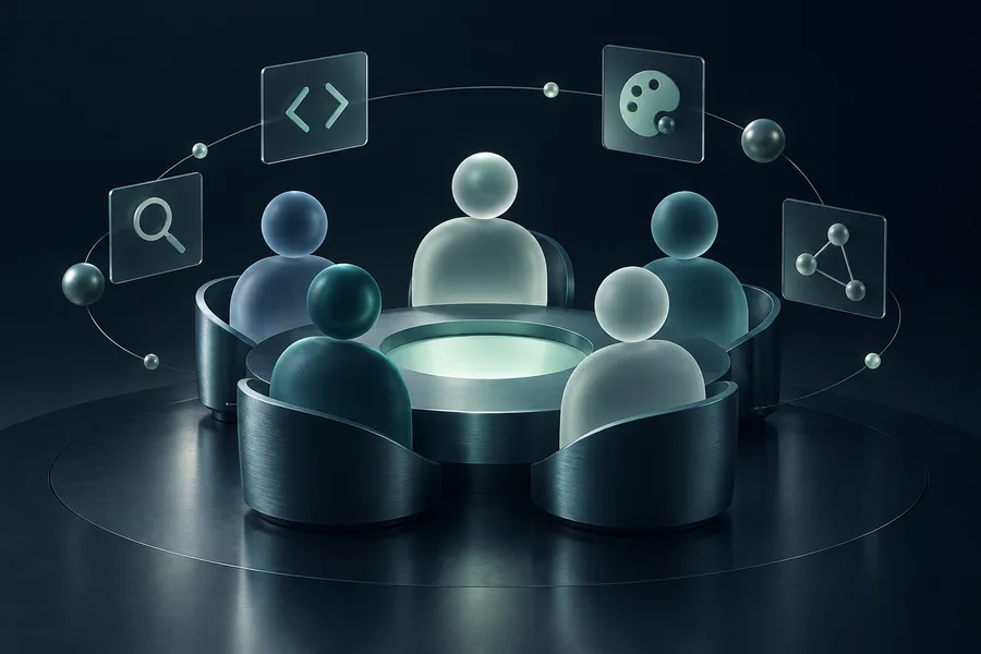 Abstract team collaboration illustration with development, design, search and network symbols